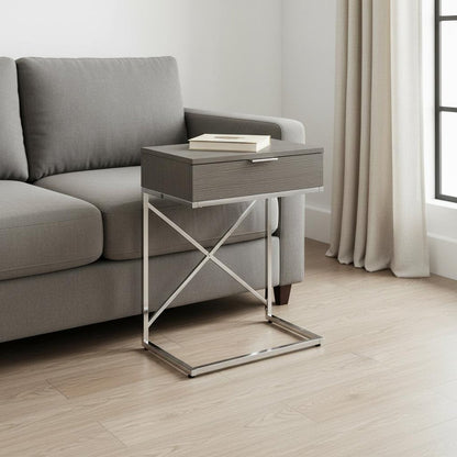 24" Silver And Gray Wood And Metal End Table With Drawer