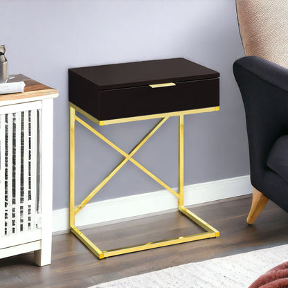 24" Gold And Black Wood And Metal End Table With Drawer