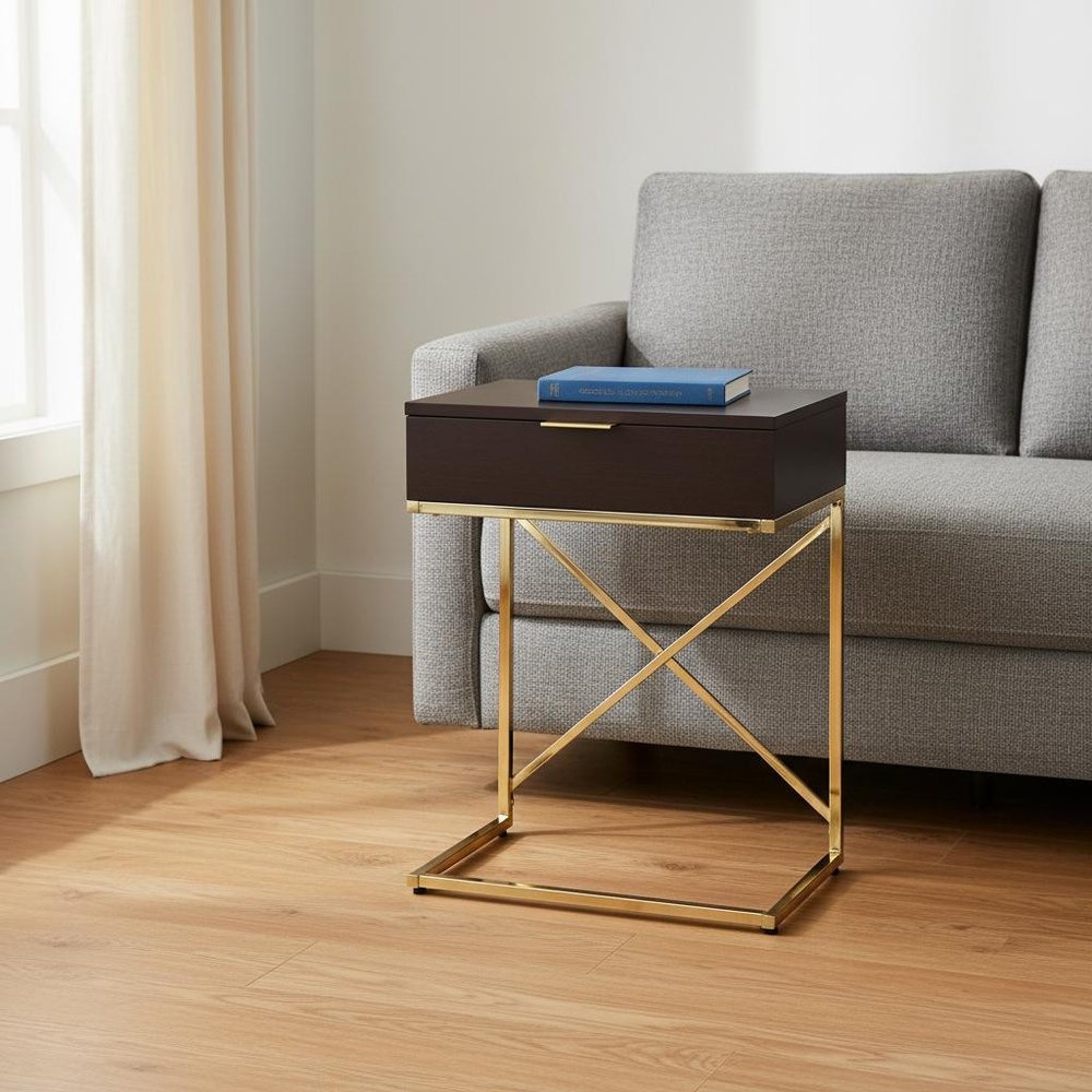 24" Gold And Black Wood And Metal End Table With Drawer HomeRoots