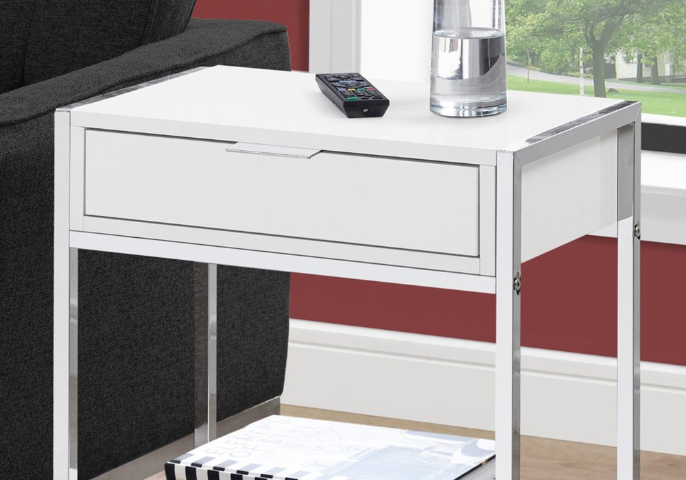 24" Silver And White Wood And Metal End Table With Drawer And Shelf HomeRoots