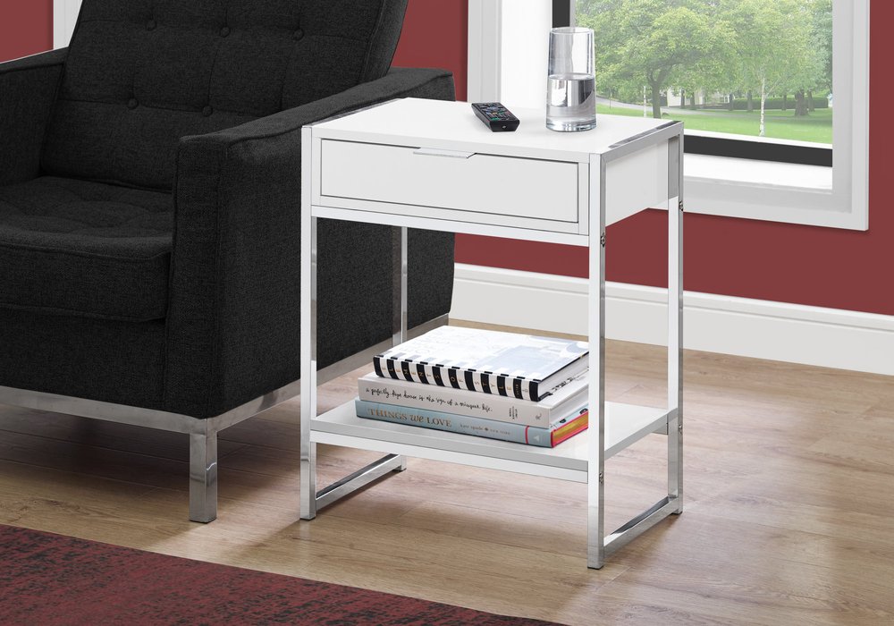 24" Silver And White Wood And Metal End Table With Drawer And Shelf HomeRoots