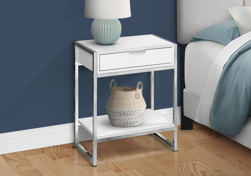 24" Silver And White Wood And Metal End Table With Drawer And Shelf HomeRoots