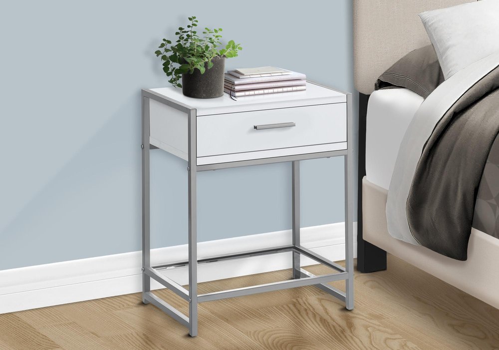 22" White Glass And Metal End Table With Drawer And Shelf — view 4