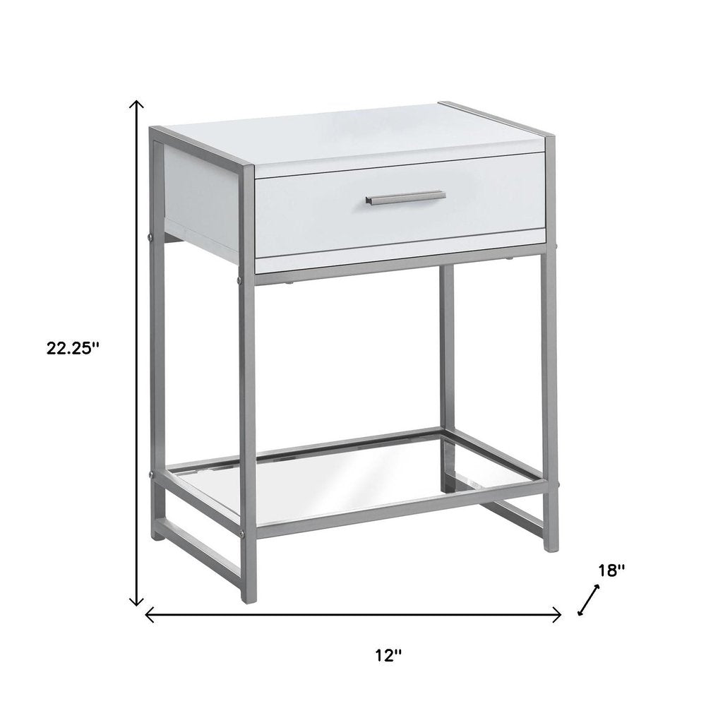 22" White Glass And Metal End Table With Drawer And Shelf — view 6