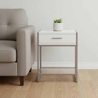 22" White Glass And Metal End Table With Drawer And Shelf HomeRoots