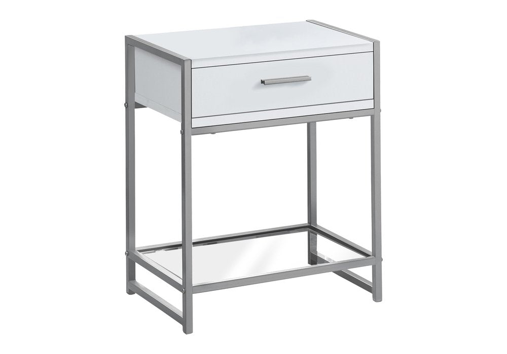 22" White Glass And Metal End Table With Drawer And Shelf — view 2