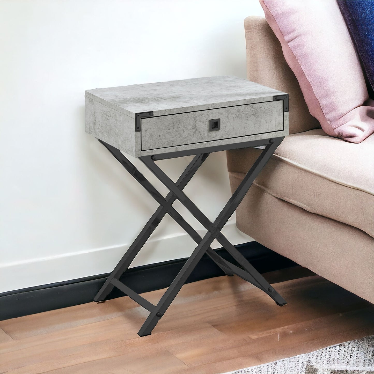 24" Silver And Deep Taupe Wood And Metal End Table With Drawer