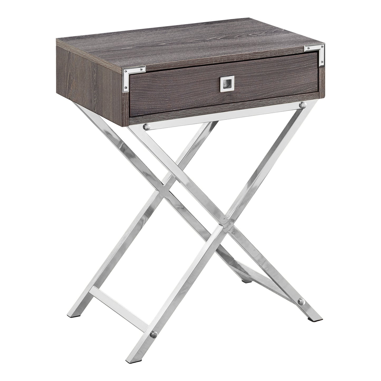 24" Silver And Deep Taupe Wood And Metal End Table With Drawer