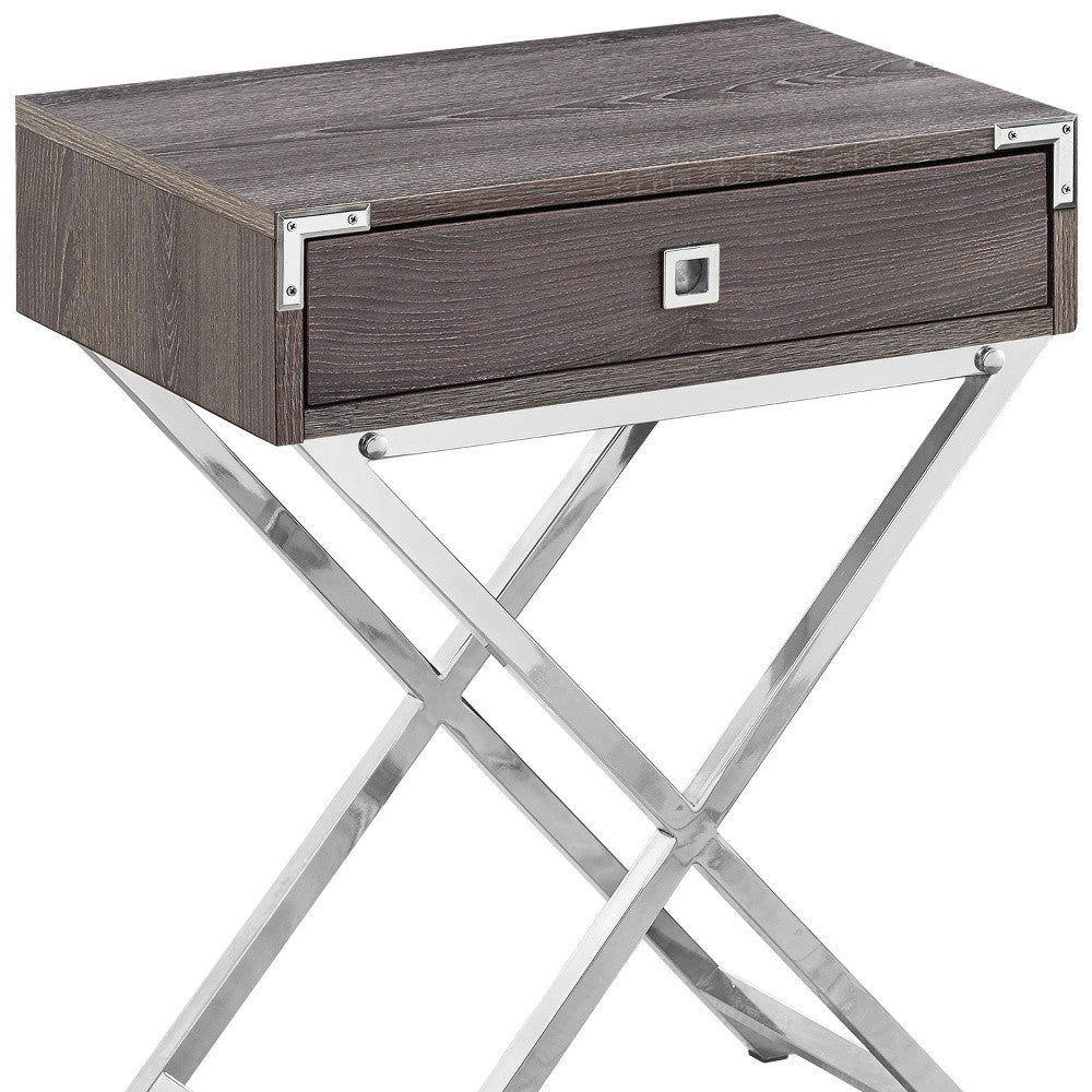 24" Silver And Deep Taupe Wood And Metal End Table With Drawer