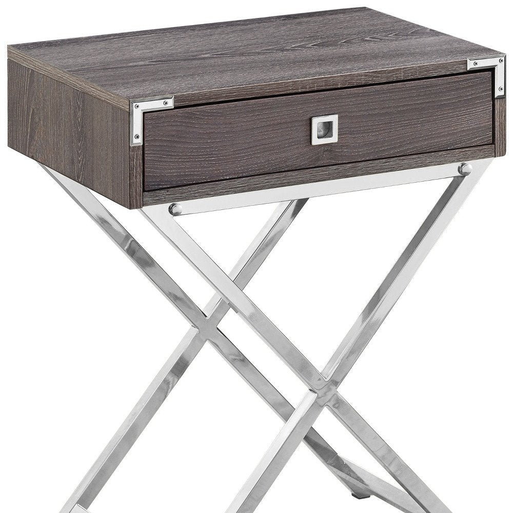 24" Silver And Deep Taupe Wood And Metal End Table With Drawer HomeRoots