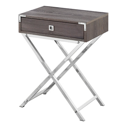 24" Silver And Deep Taupe Wood And Metal End Table With Drawer