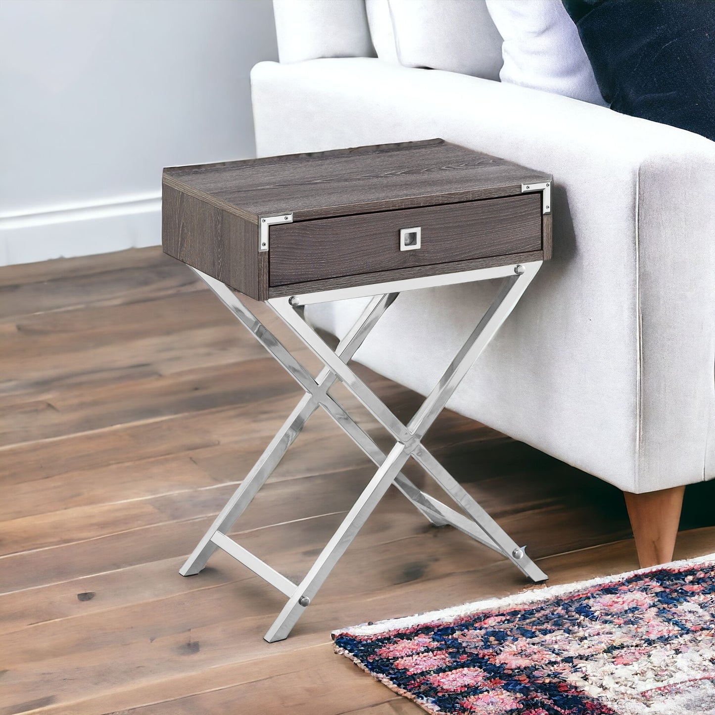 24" Silver And Deep Taupe Wood And Metal End Table With Drawer