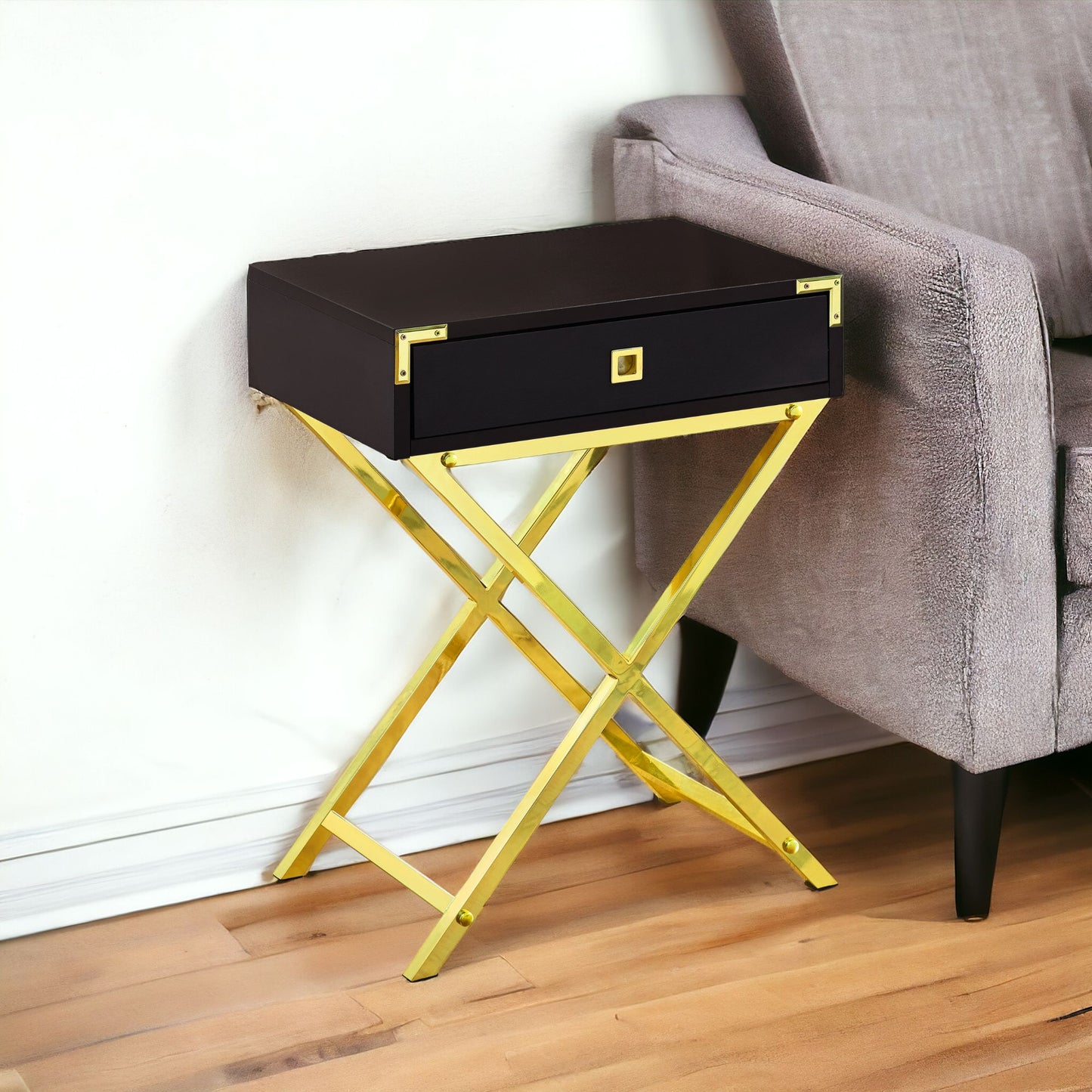 24" Silver And Deep Taupe Wood And Metal End Table With Drawer