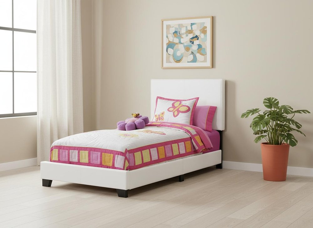 White Solid Wood Twin Upholstered Faux Leather Bed Frame HomeRoots