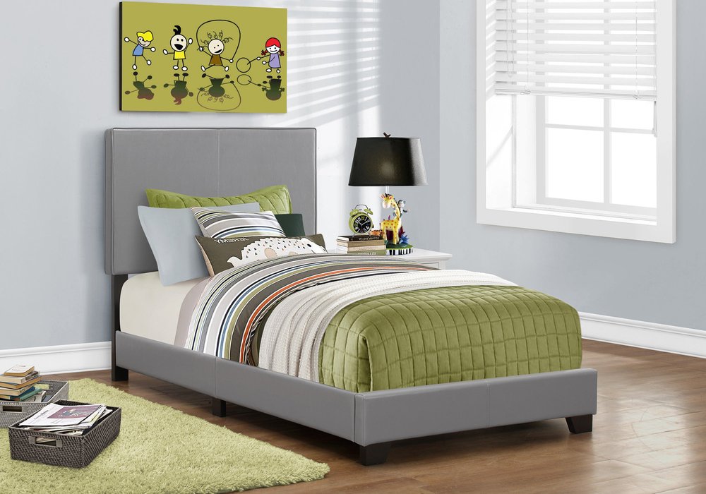 Solid Wood Twin Gray Upholstered Faux Leather Bed HomeRoots