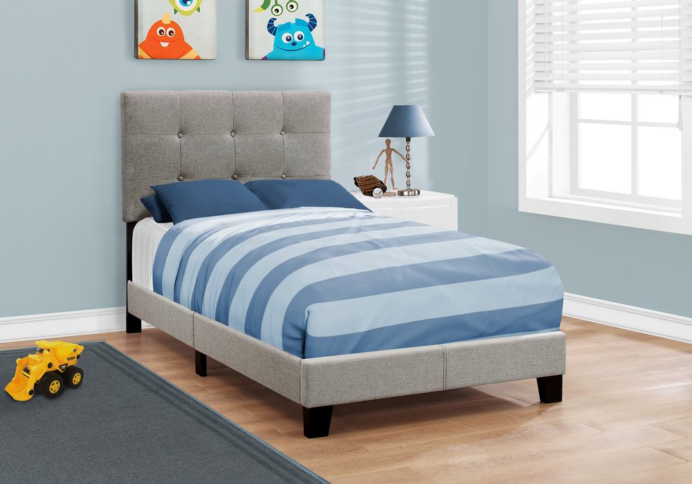Gray Twin Tufted Upholstered Linen Bed Frame with Nailhead Trim HomeRoots