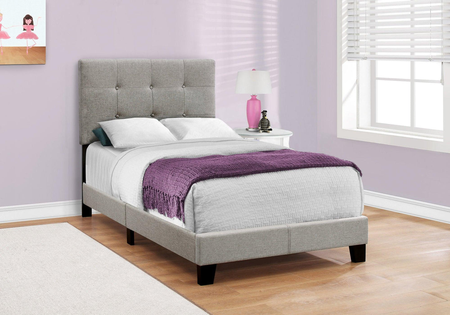 Twin Tufted Gray Upholstered Linen Bed With Nailhead Trim - FurniFindUSA