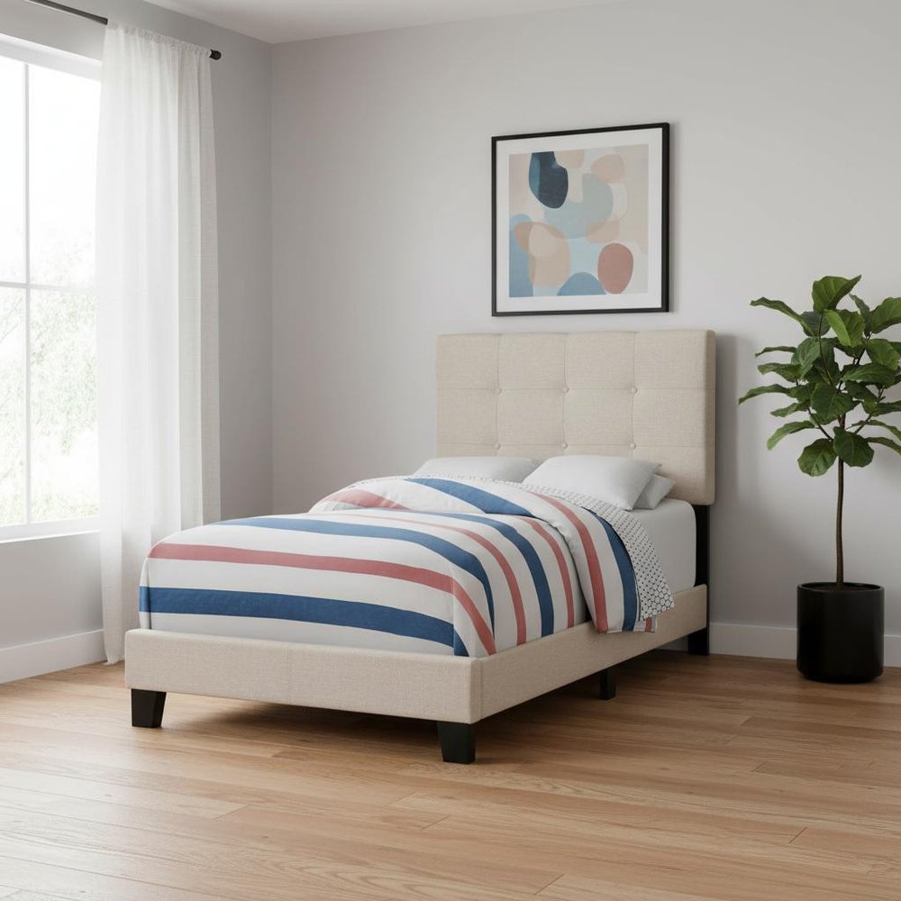 Gray Twin Tufted Upholstered Linen Bed Frame with Nailhead Trim HomeRoots