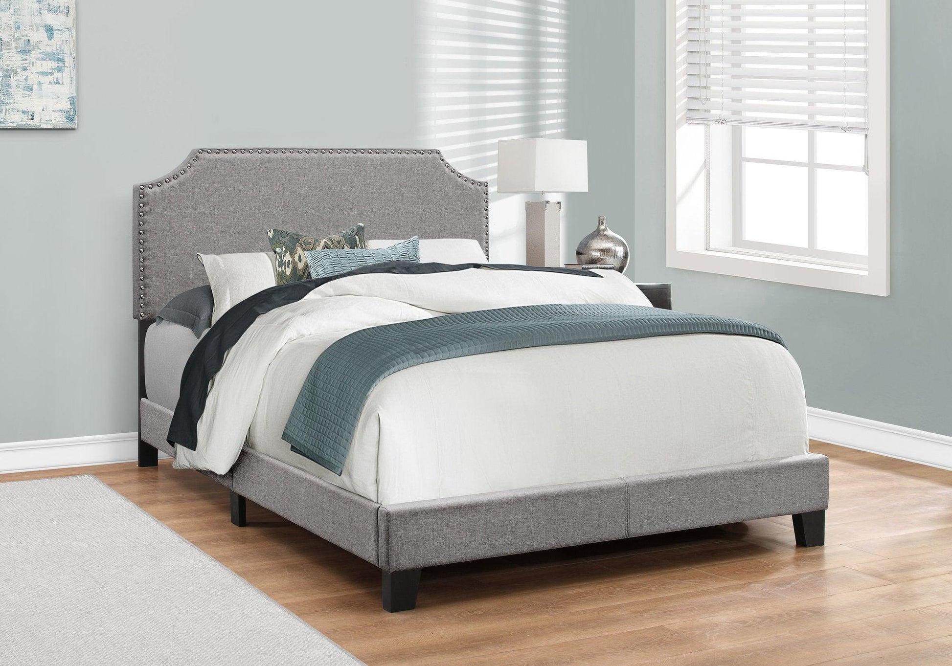 Full Size Grey Linen With Chrome Trim And Solid Wood Black Feet Bed - FurniFindUSA