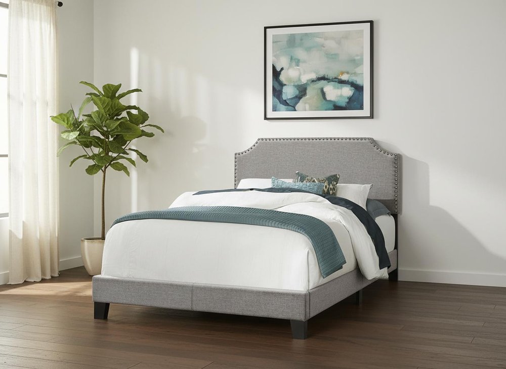 Gray Solid and Manufactured Wood Full Upholstered Faux Leather Bed Frame HomeRoots