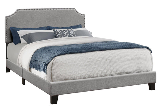 Gray Standard Bed Upholstered With Nailhead Trim And With Headboard - FurniFindUSA