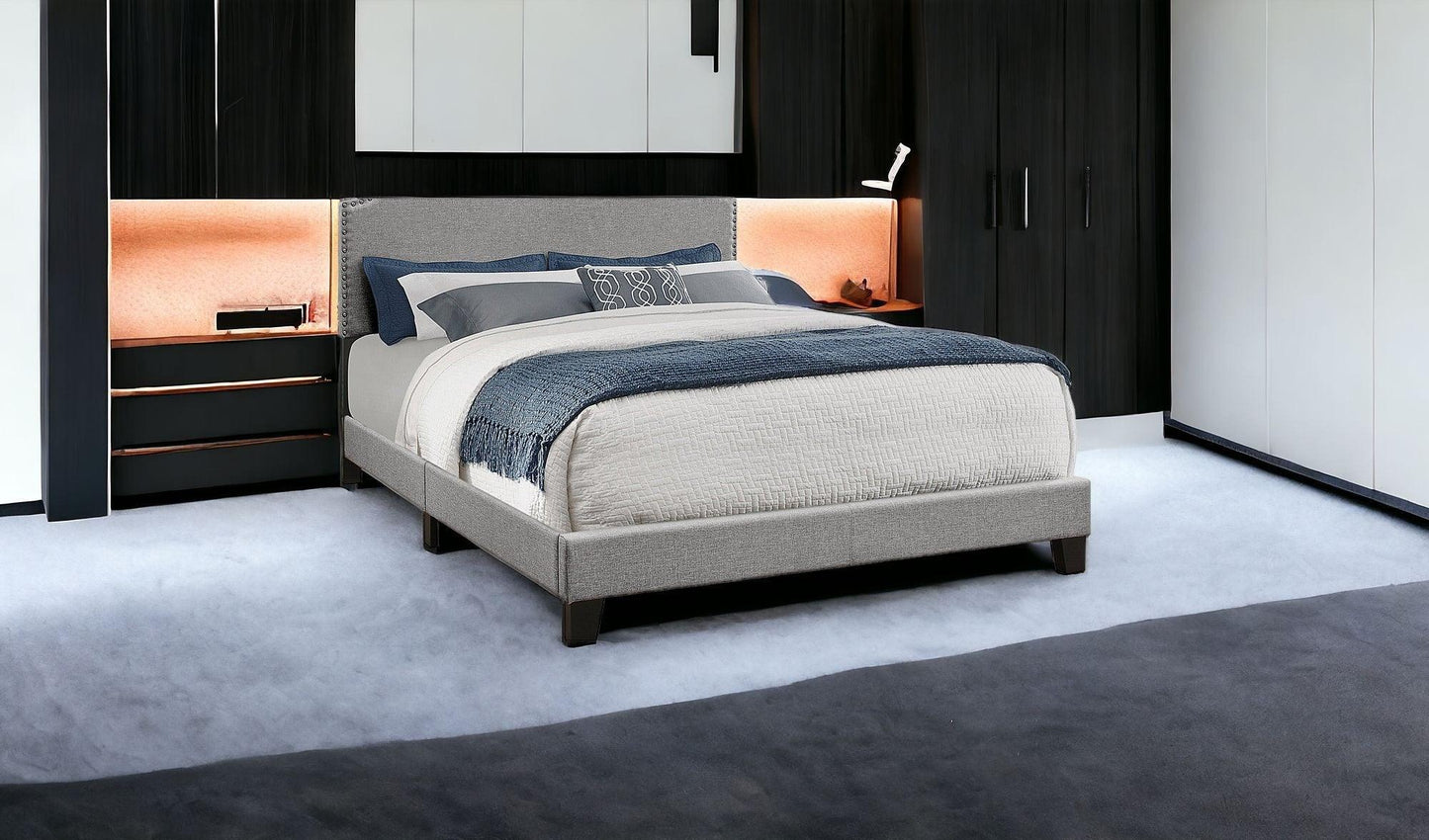 Gray Standard Bed Upholstered With Nailhead Trim And With Headboard - FurniFindUSA