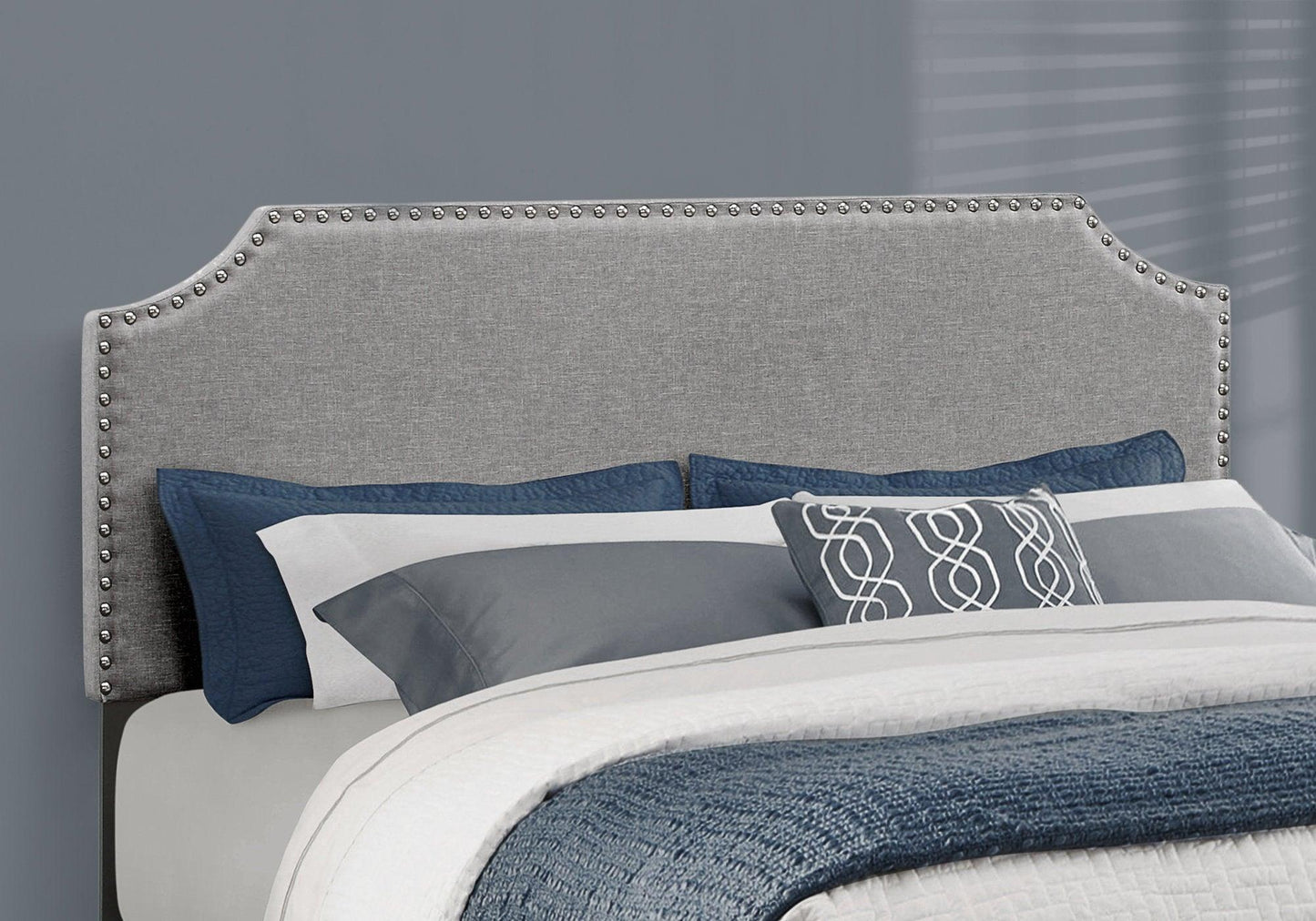 Gray Standard Bed Upholstered With Nailhead Trim And With Headboard - FurniFindUSA