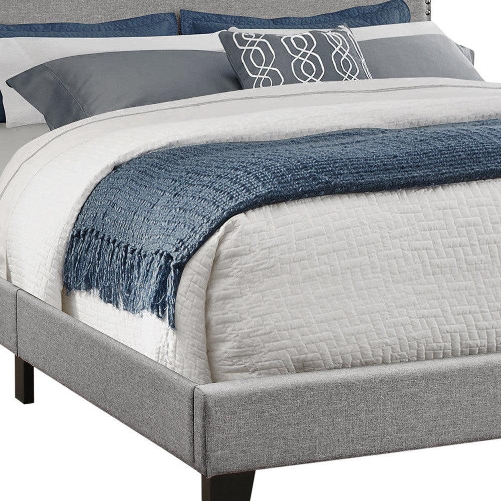 Gray Standard Bed Upholstered With Nailhead Trim And With Headboard - FurniFindUSA