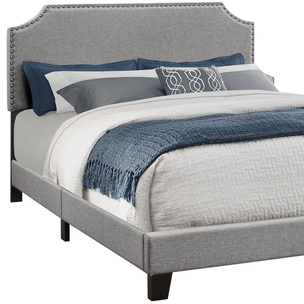 Gray Standard Bed Upholstered With Nailhead Trim And With Headboard - FurniFindUSA