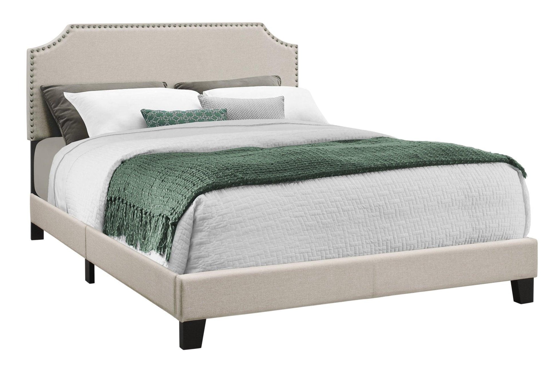 Gray Standard Bed Upholstered With Nailhead Trim And With Headboard - FurniFindUSA