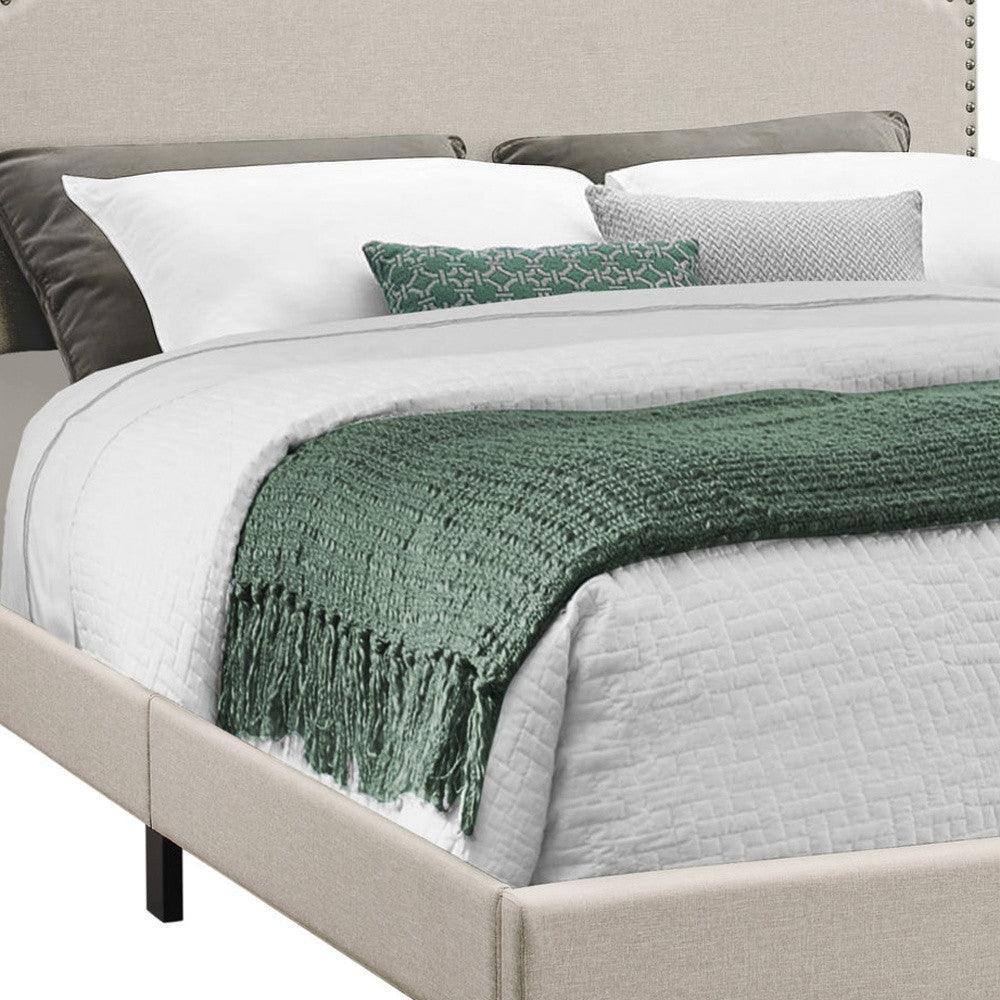 Gray Standard Bed Upholstered With Nailhead Trim And With Headboard - FurniFindUSA