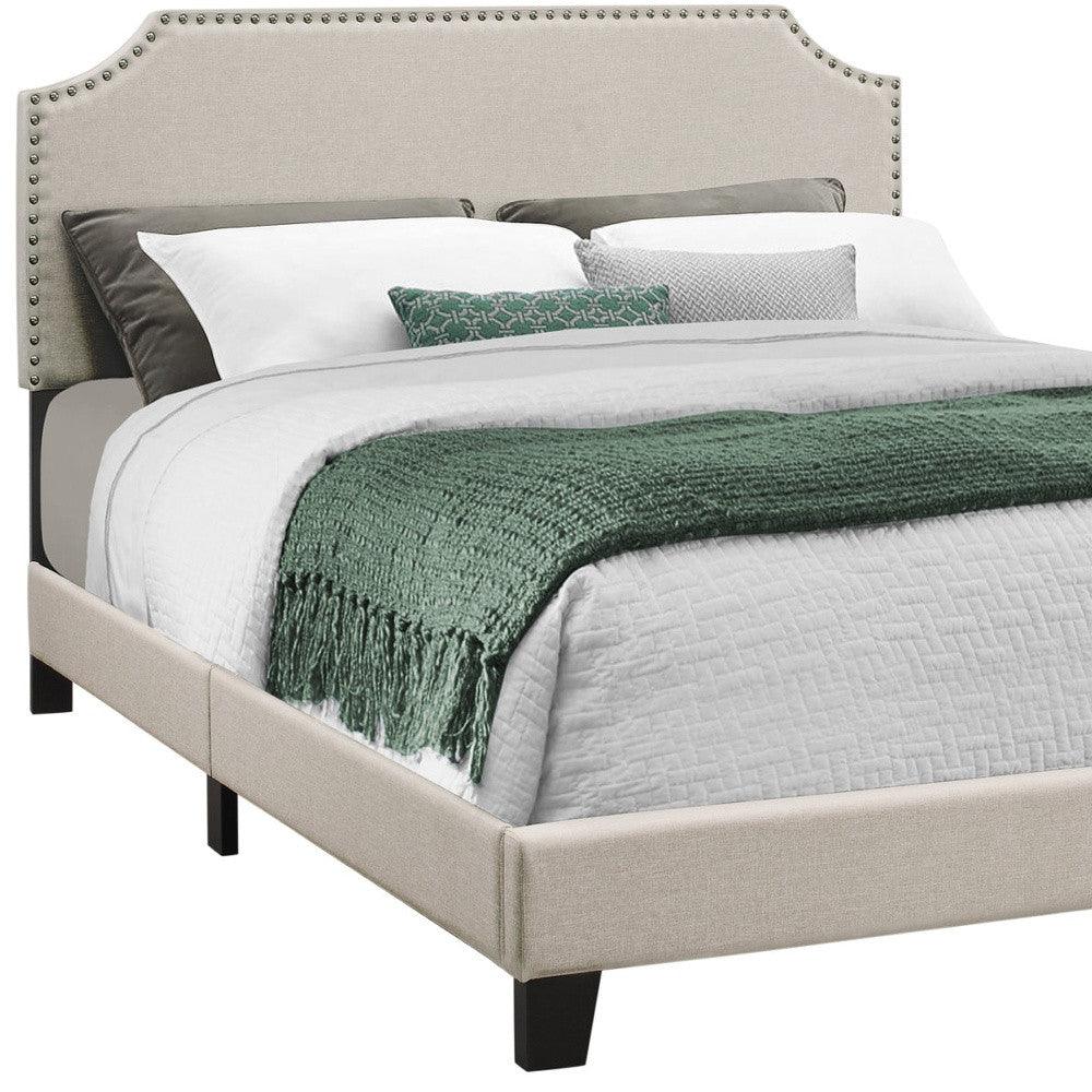 Gray Standard Bed Upholstered With Nailhead Trim And With Headboard - FurniFindUSA