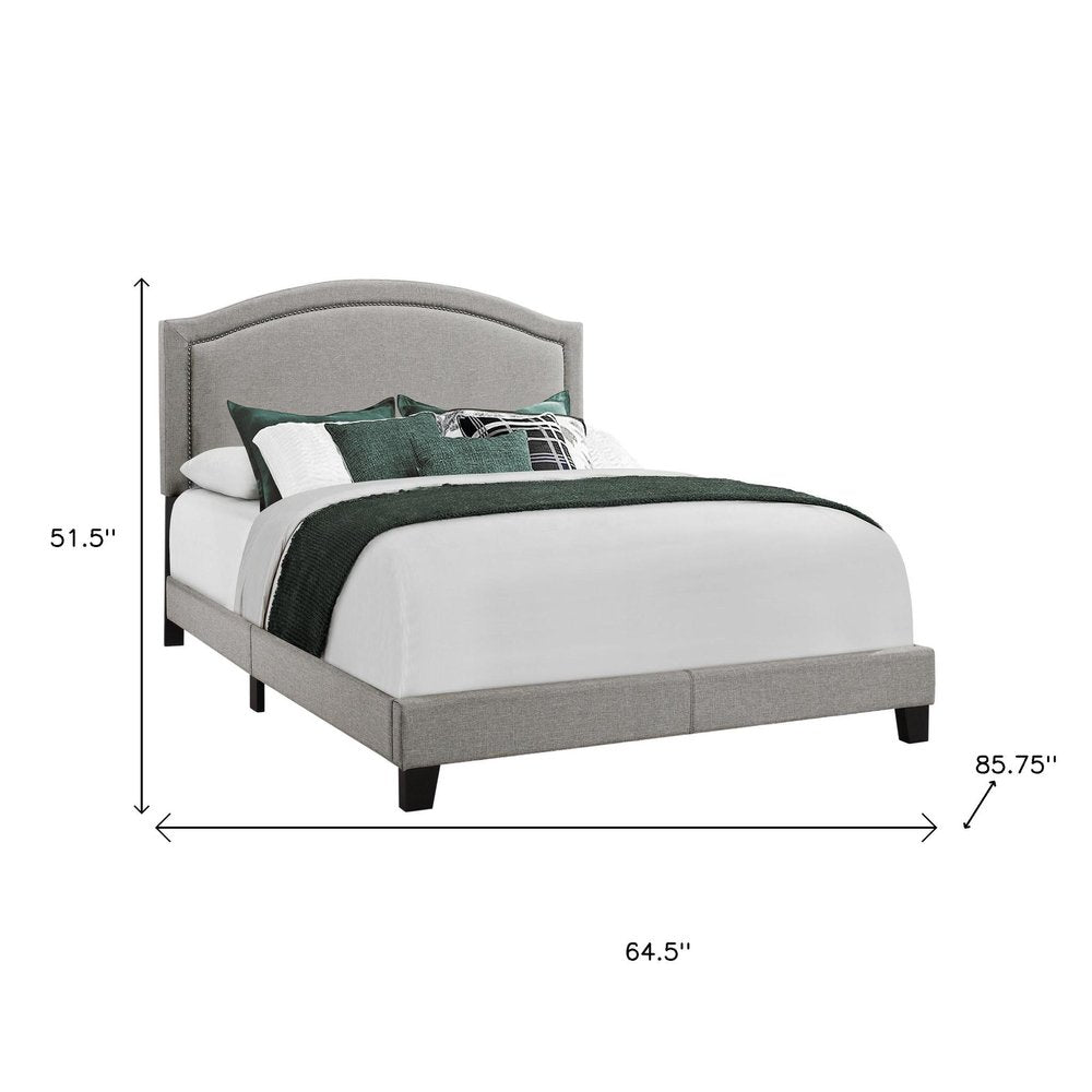 Gray Solid Wood Queen Upholstered Linen Bed Frame with Nailhead Trim HomeRoots