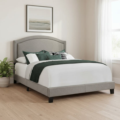 Gray Solid Wood Queen Upholstered Linen Bed Frame with Nailhead Trim HomeRoots