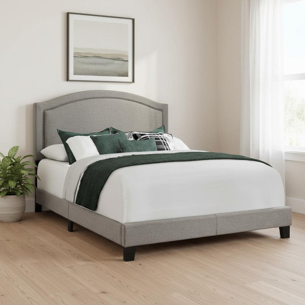 Gray Solid Wood Queen Upholstered Linen Bed Frame with Nailhead Trim HomeRoots
