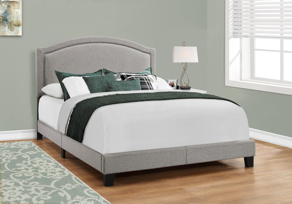Gray Solid Wood Queen Upholstered Linen Bed Frame with Nailhead Trim HomeRoots