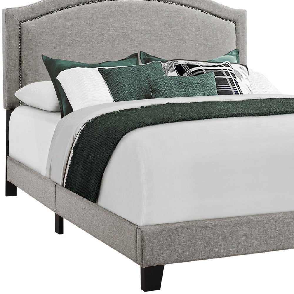Gray Solid Wood Queen Upholstered Linen Bed Frame with Nailhead Trim HomeRoots