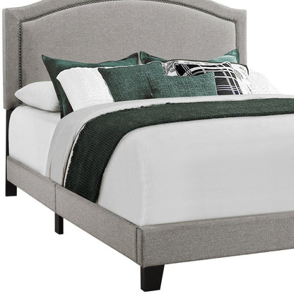 Gray Solid Wood Queen Upholstered Linen Bed Frame with Nailhead Trim HomeRoots