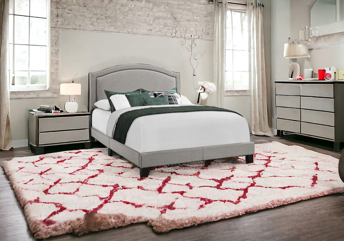 Solid Wood Queen Gray Upholstered Linen Bed With Nailhead Trim - FurniFindUSA