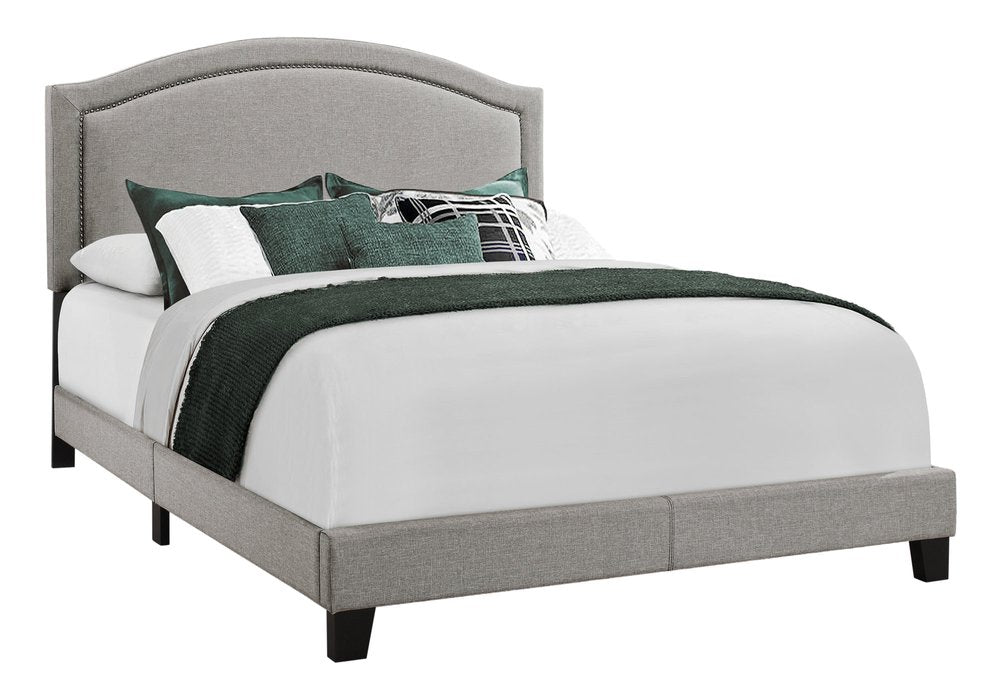 Gray Solid Wood Queen Upholstered Linen Bed Frame with Nailhead Trim HomeRoots