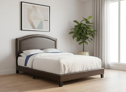 Gray Solid Wood Queen Upholstered Linen Bed Frame with Nailhead Trim HomeRoots