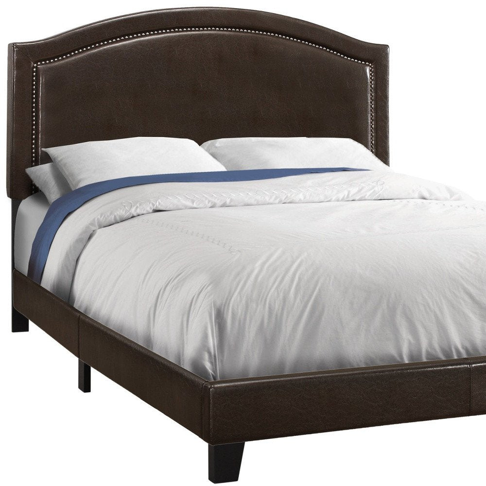 Gray Solid Wood Queen Upholstered Linen Bed Frame with Nailhead Trim HomeRoots