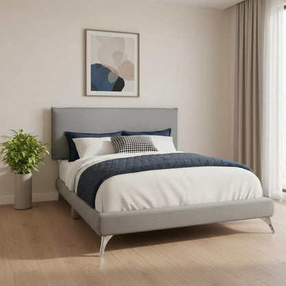 Gray Solid Wood Queen Upholstered Linen Bed Frame with Nailhead Trim HomeRoots