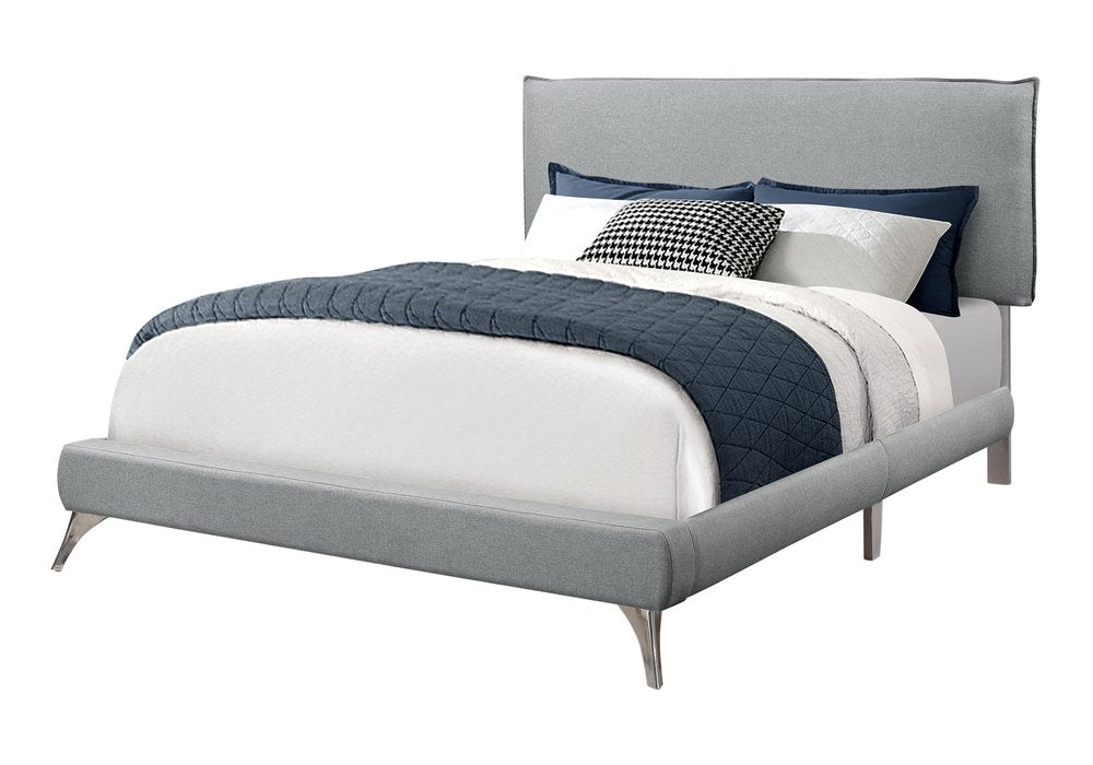 Gray Solid Wood Queen Upholstered Linen Bed Frame with Nailhead Trim HomeRoots