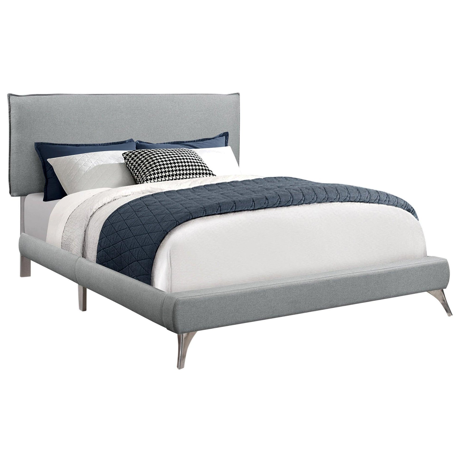 Solid Wood Queen Gray Upholstered Linen Bed With Nailhead Trim - FurniFindUSA