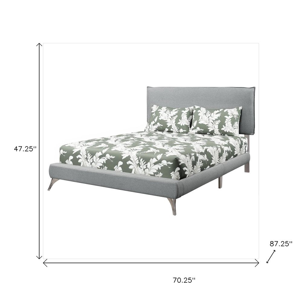 Gray Solid Wood Queen Upholstered Linen Bed Frame with Nailhead Trim HomeRoots