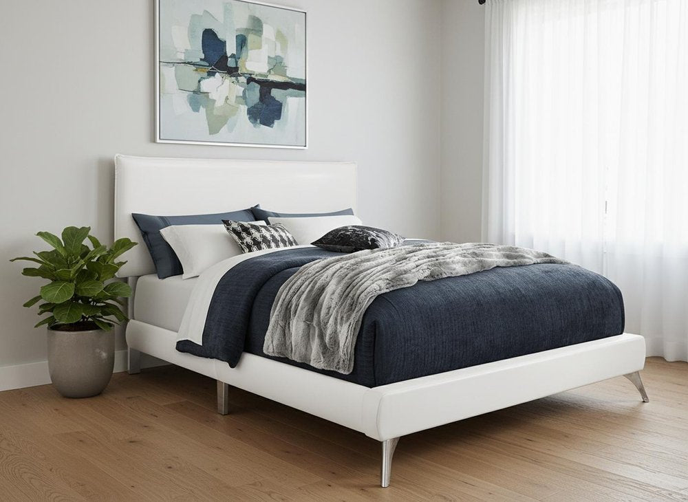 Gray Solid Wood Queen Upholstered Linen Bed Frame with Nailhead Trim HomeRoots