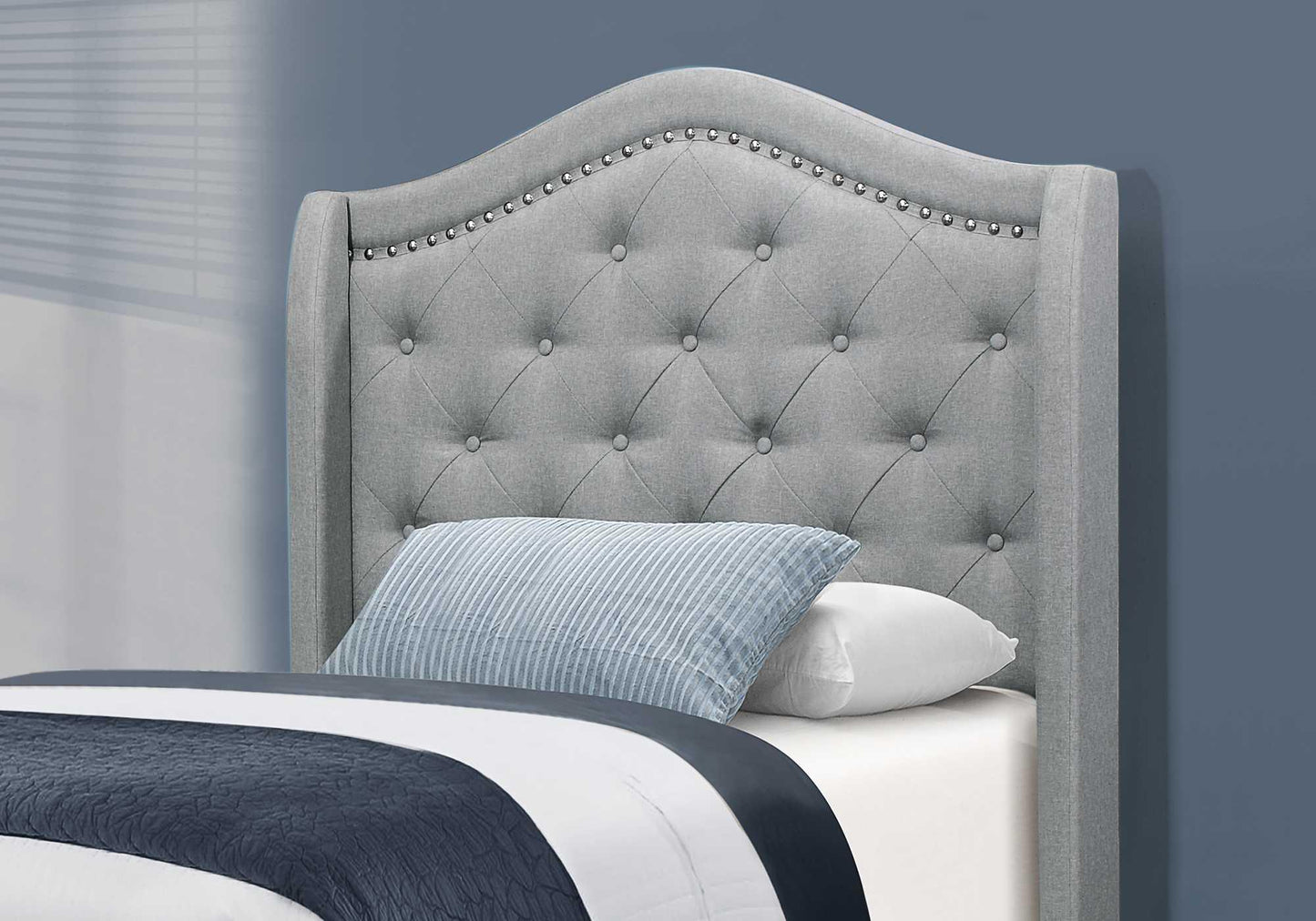 Tufted Grey Standard Bed Upholstered With Nailhead Trim And With Headboard - FurniFindUSA