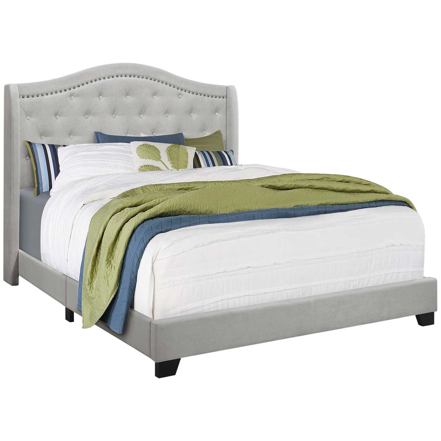 Light Gray and Gray Wood Tufted Upholstered Queen Bed Frame with Nailhead Trim