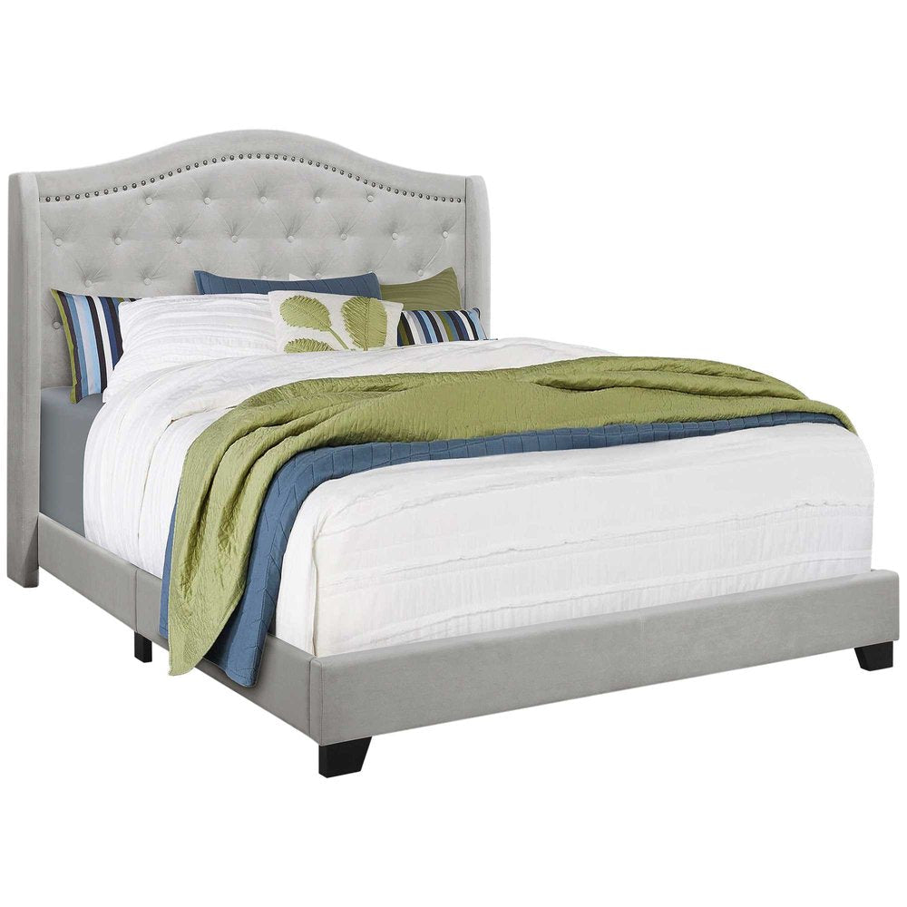 Light Gray and Gray Wood Tufted Upholstered Queen Bed Frame with Nailhead Trim HomeRoots